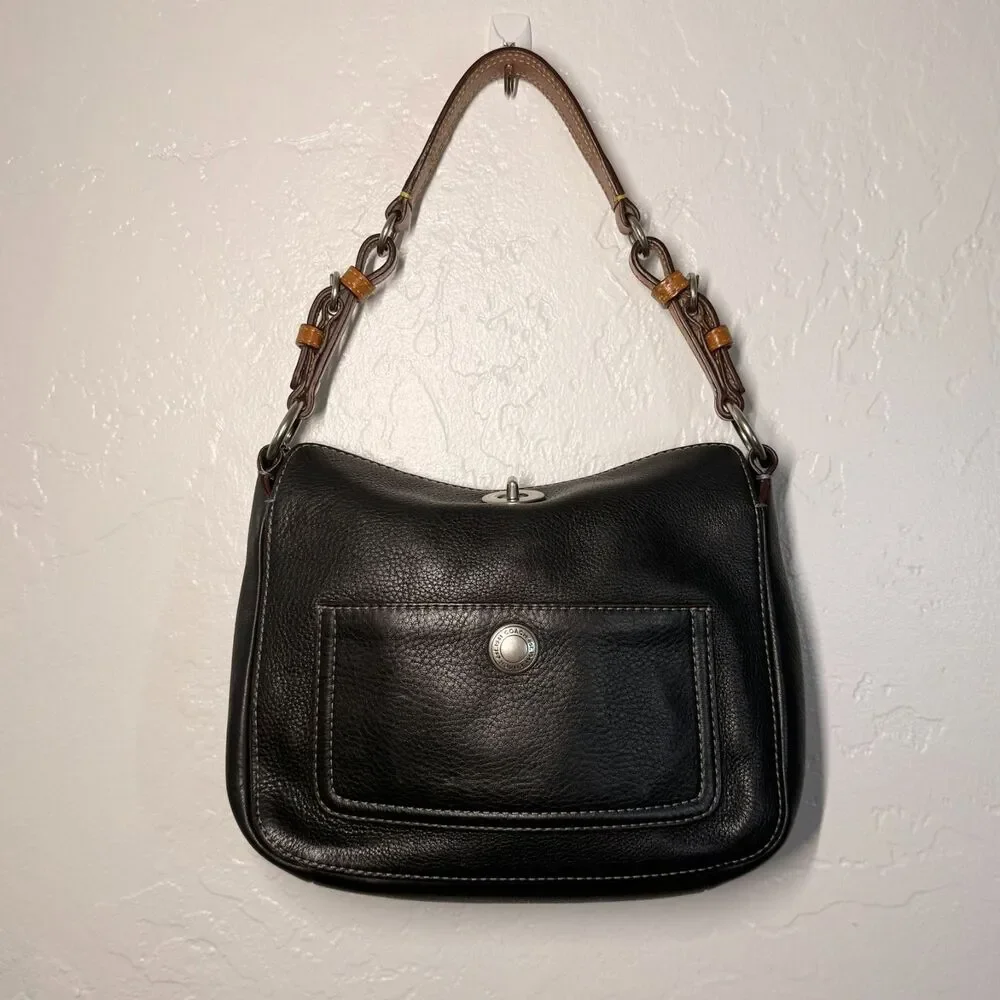 Coach Chelsea Pebbled Black Leather Hobo Handbag Brown Strap - Picture 1 of 14
